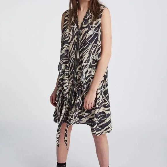 Allsaints Jayda Zebra Dress Zipper Sleeveless Drape Front Womens Black Sz M - Picture 1 of 11